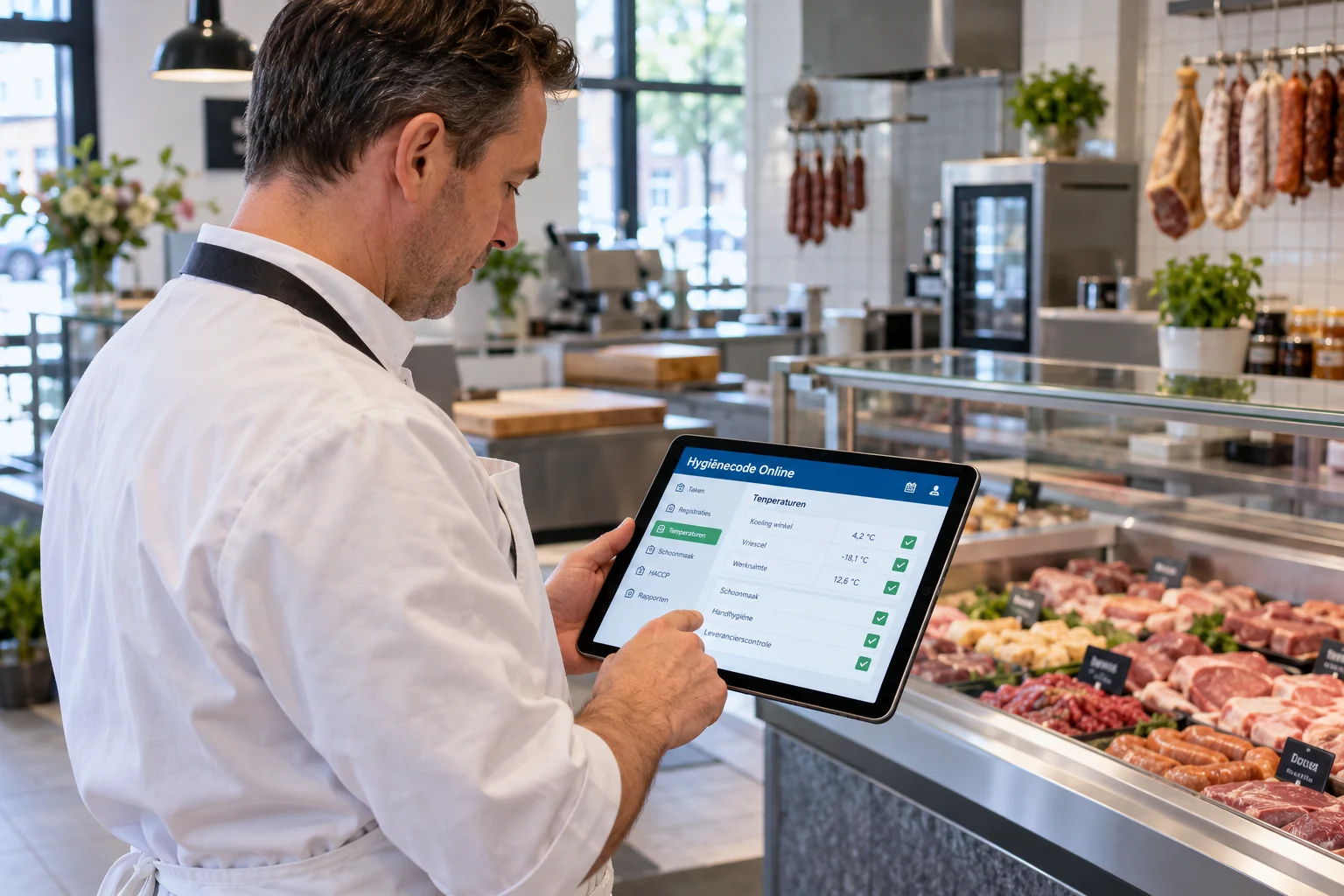Slager gebruikt de app op een tablet