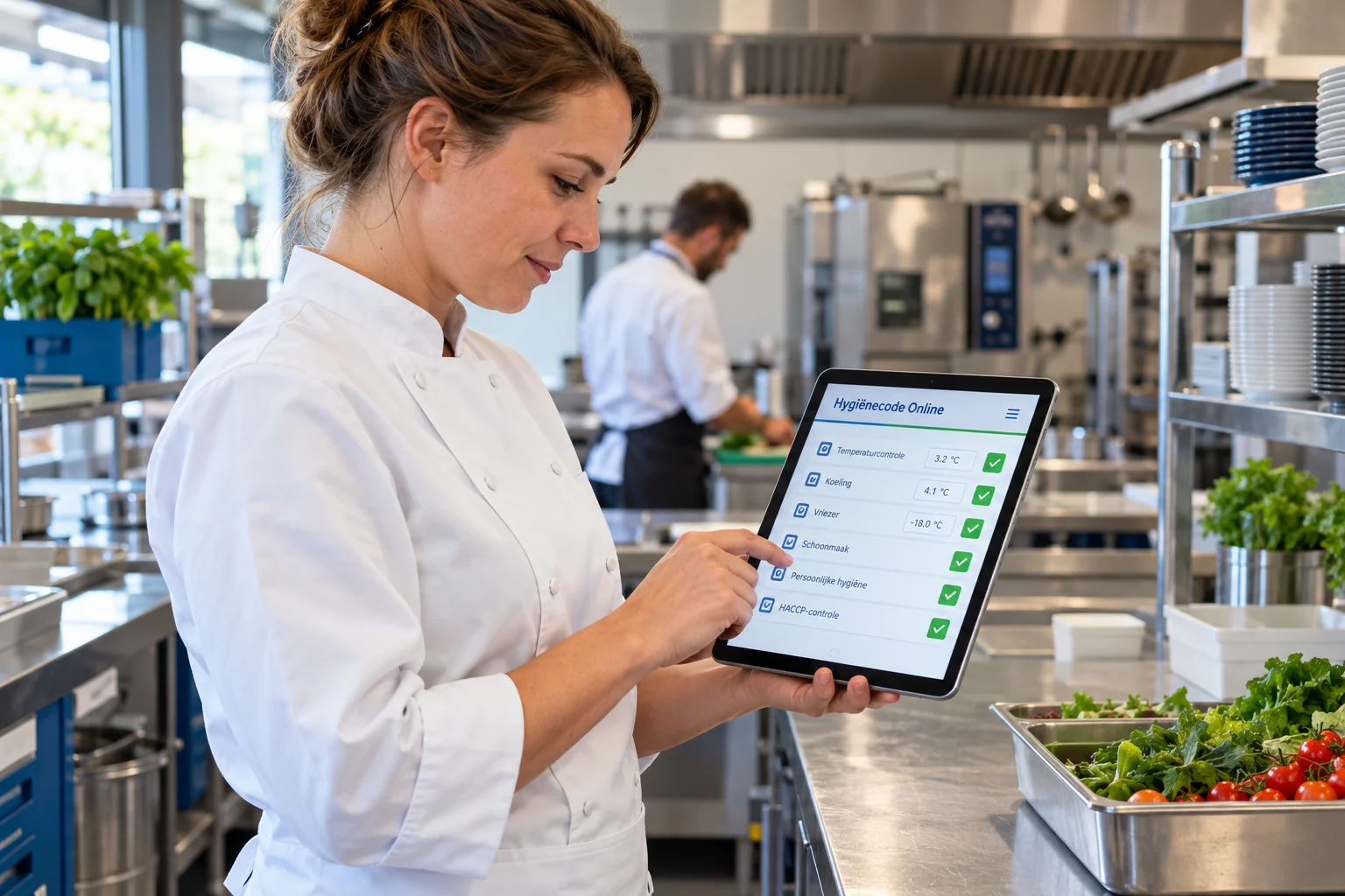 Kok die een HACCP-registratie op een tablet uitvoert